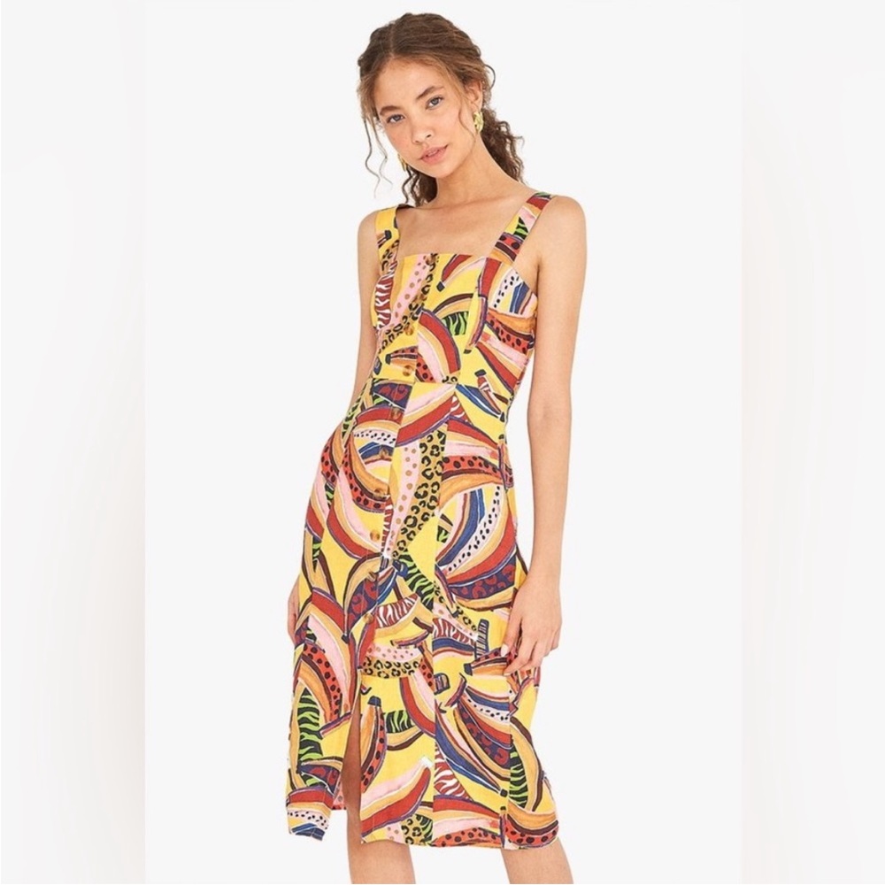Farm Rio Multi Banana Linen Midi Dress M NWT